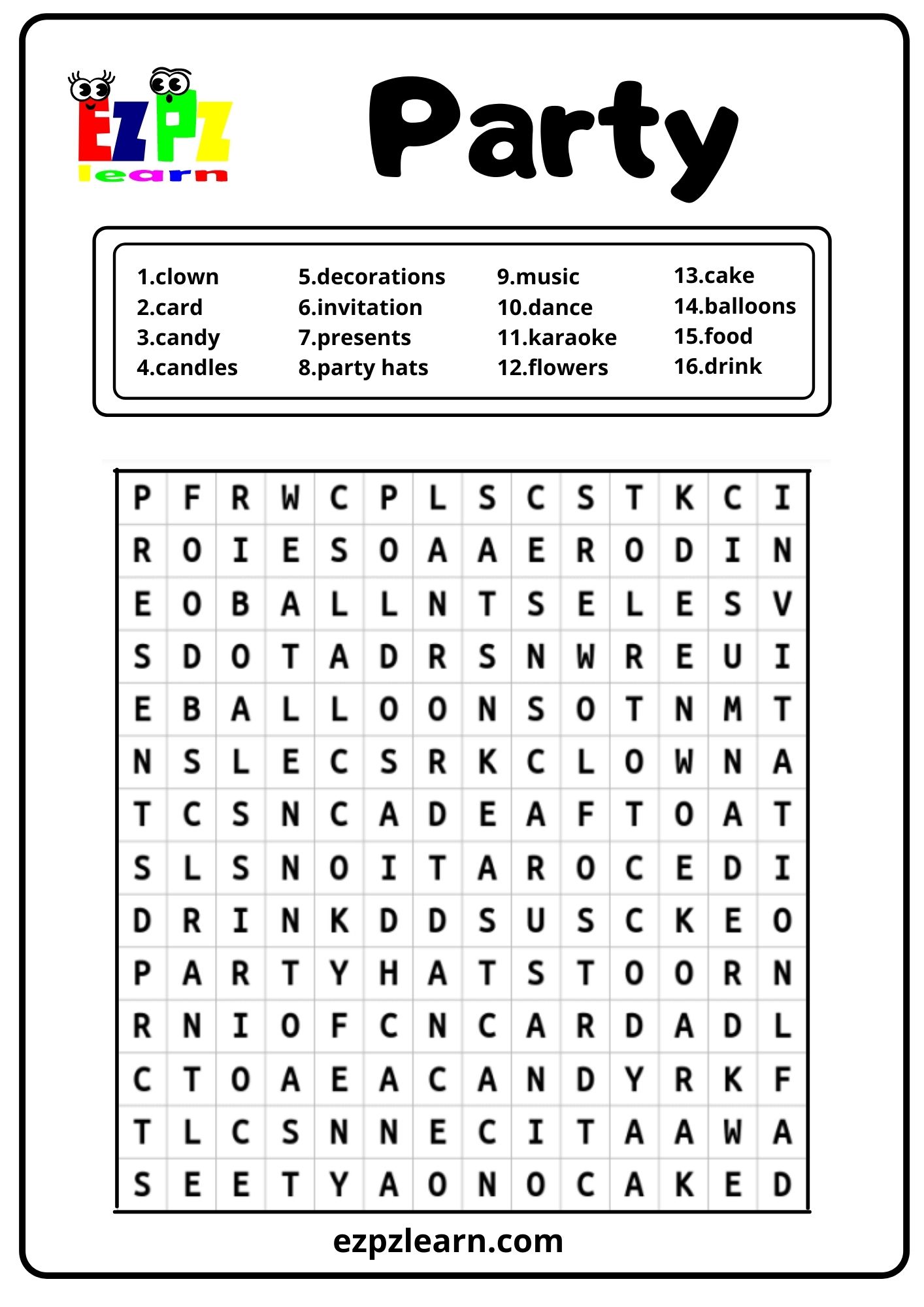 Party Word Search Ezpzlearn